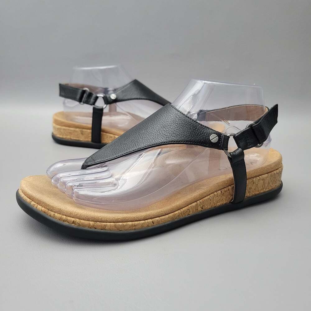 Vionic Black Leather Kirra II Wedge Sandals Womens 8